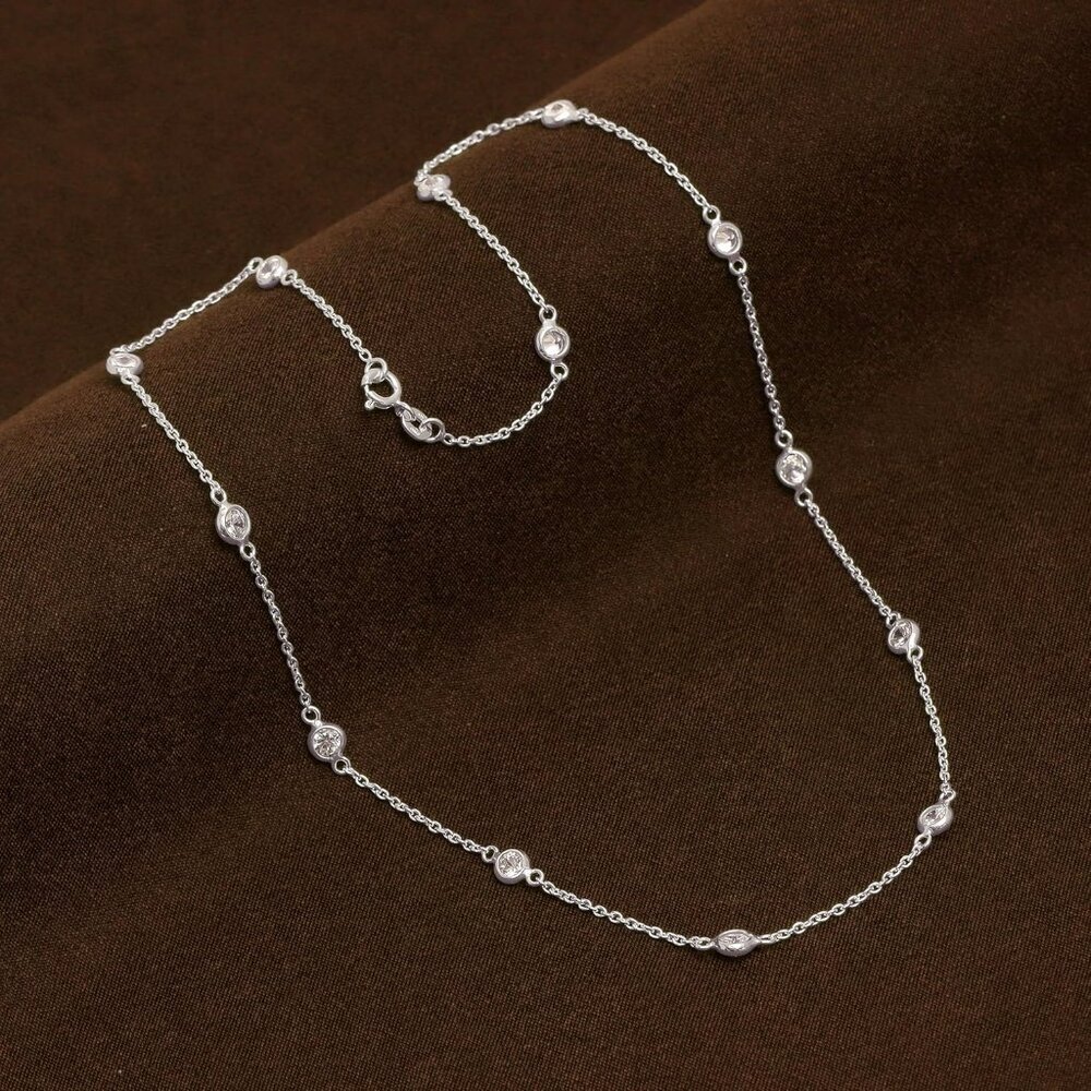 925 Sterling Silver CZ Station Necklace for Women | Italian Round Cubic Zirconia - Picture 4 of 6
